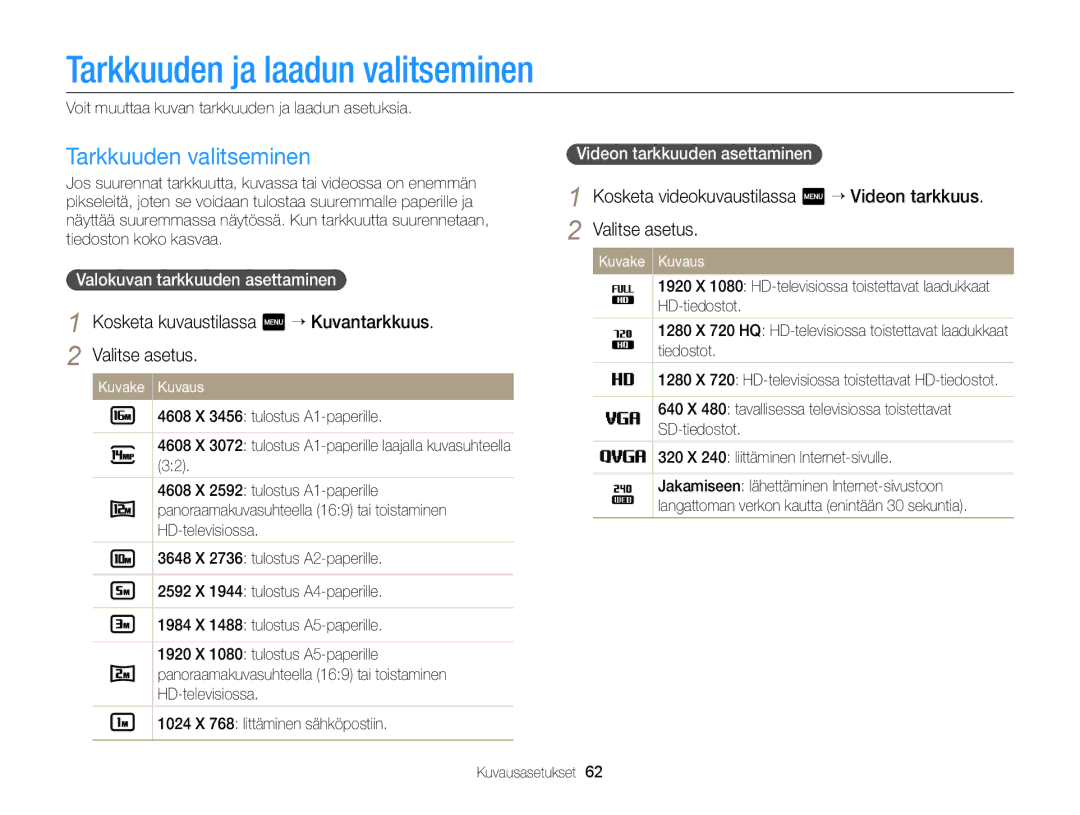 Samsung EC-MV900FBPWE2 manual Tarkkuuden ja laadun valitseminen, Tarkkuuden valitseminen, Valokuvan tarkkuuden asettaminen 