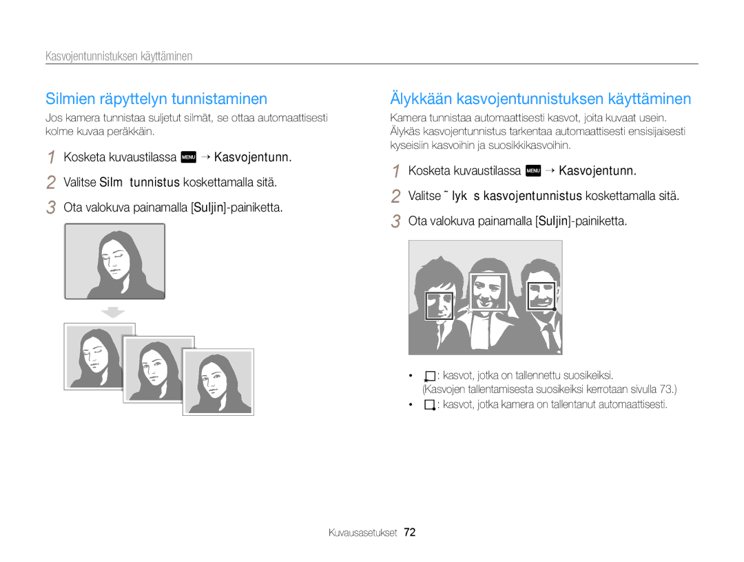 Samsung EC-MV900FBPWE2, EC-MV900FBPBE2 manual Silmien räpyttelyn tunnistaminen, Älykkään kasvojentunnistuksen käyttäminen 