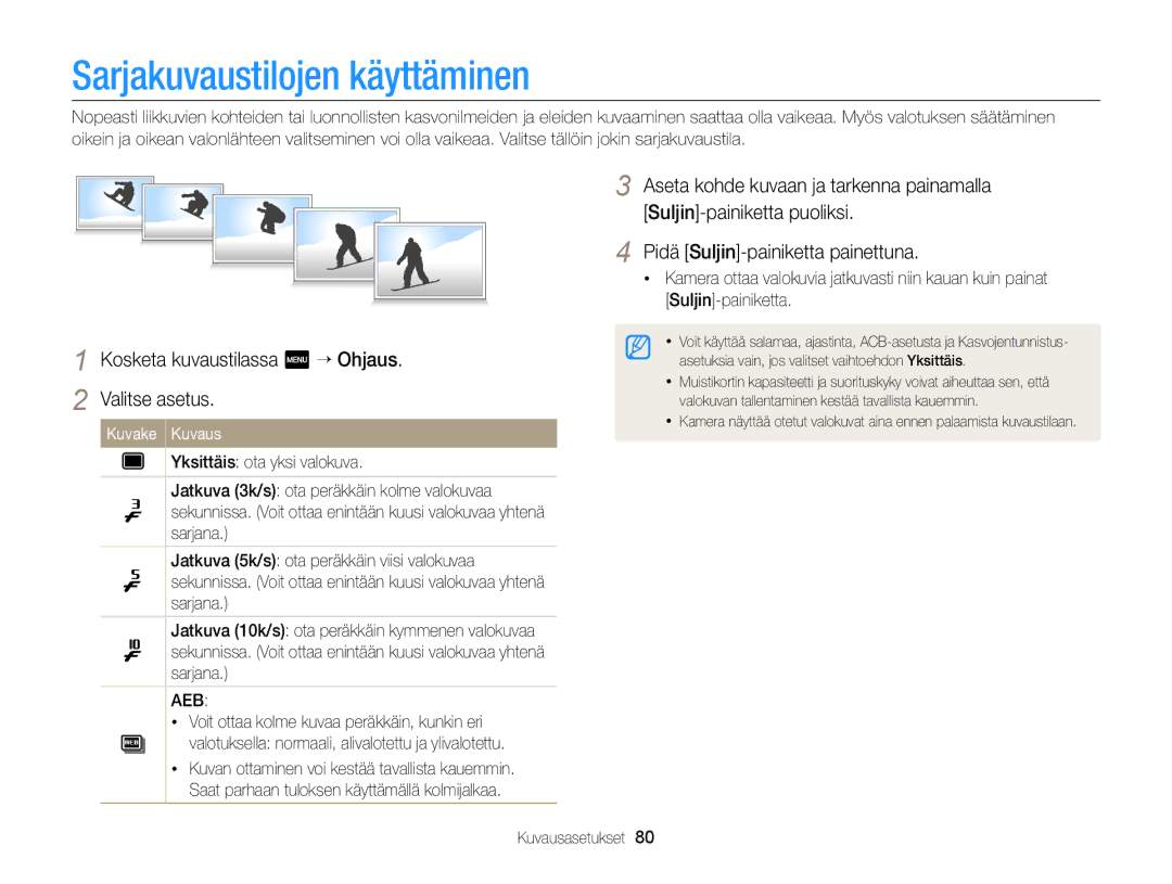 Samsung EC-MV900FBPWE2, EC-MV900FBPBE2 manual Sarjakuvaustilojen käyttäminen, Kosketa kuvaustilassa m “ Ohjaus 