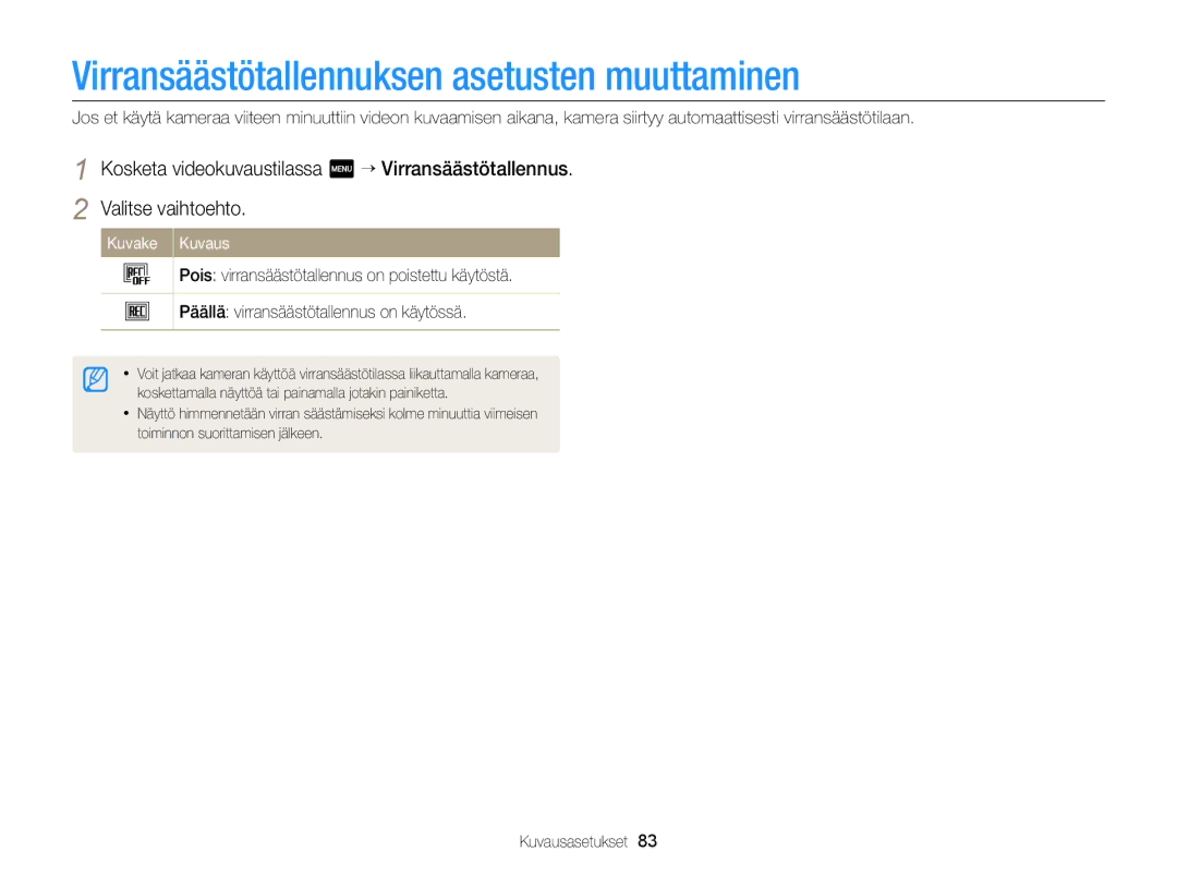 Samsung EC-MV900FBPBE2, EC-MV900FBPWE2 manual Virransäästötallennuksen asetusten muuttaminen 