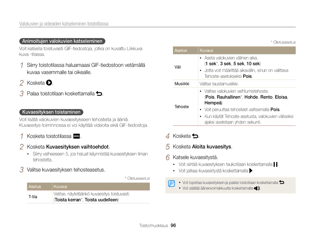 Samsung EC-MV900FBPWE2 Kosketa toistotilassa m Kosketa Kuvaesityksen vaihtoehdot, Valitse kuvaesityksen tehosteasetus 