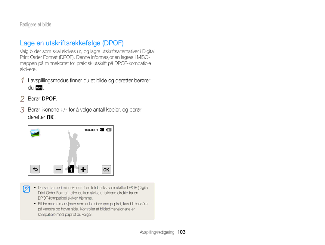 Samsung EC-MV900FBPBE2, EC-MV900FBPWE2 manual Lage en utskriftsrekkefølge Dpof 