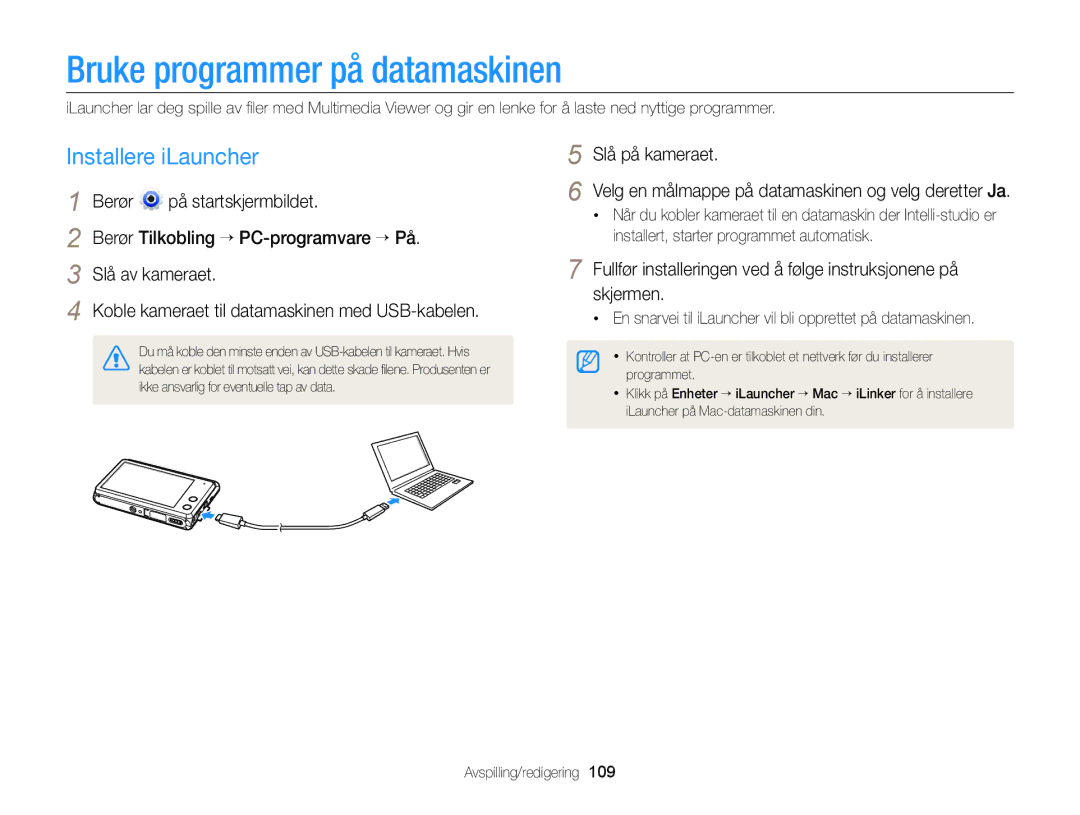 Samsung EC-MV900FBPBE2 Bruke programmer på datamaskinen, Installere iLauncher, Berør Tilkobling “ PC-programvare “ På 