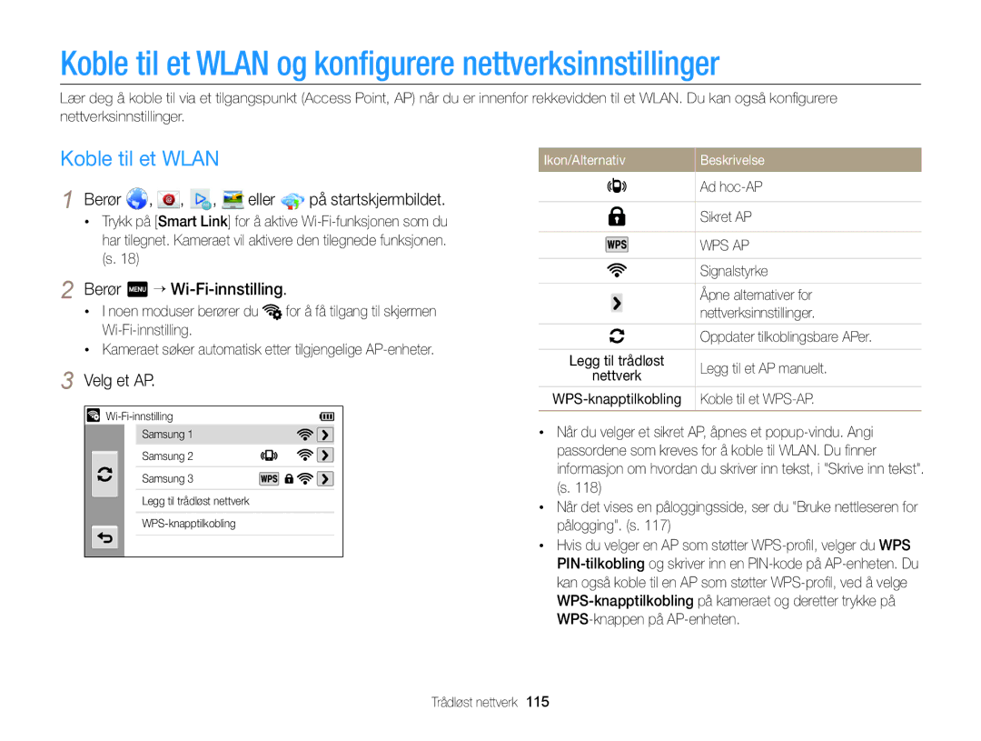 Samsung EC-MV900FBPBE2 Koble til et Wlan og konﬁgurere nettverksinnstillinger, Berør , , , eller på startskjermbildet 