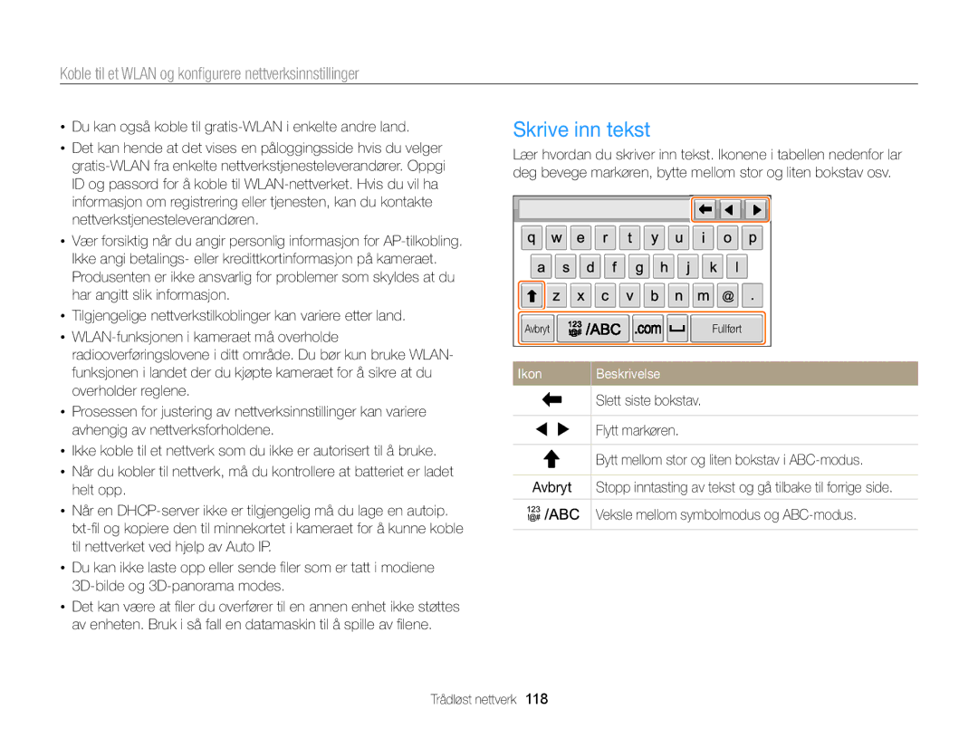 Samsung EC-MV900FBPWE2, EC-MV900FBPBE2 manual Skrive inn tekst, Du kan også koble til gratis-WLAN i enkelte andre land 