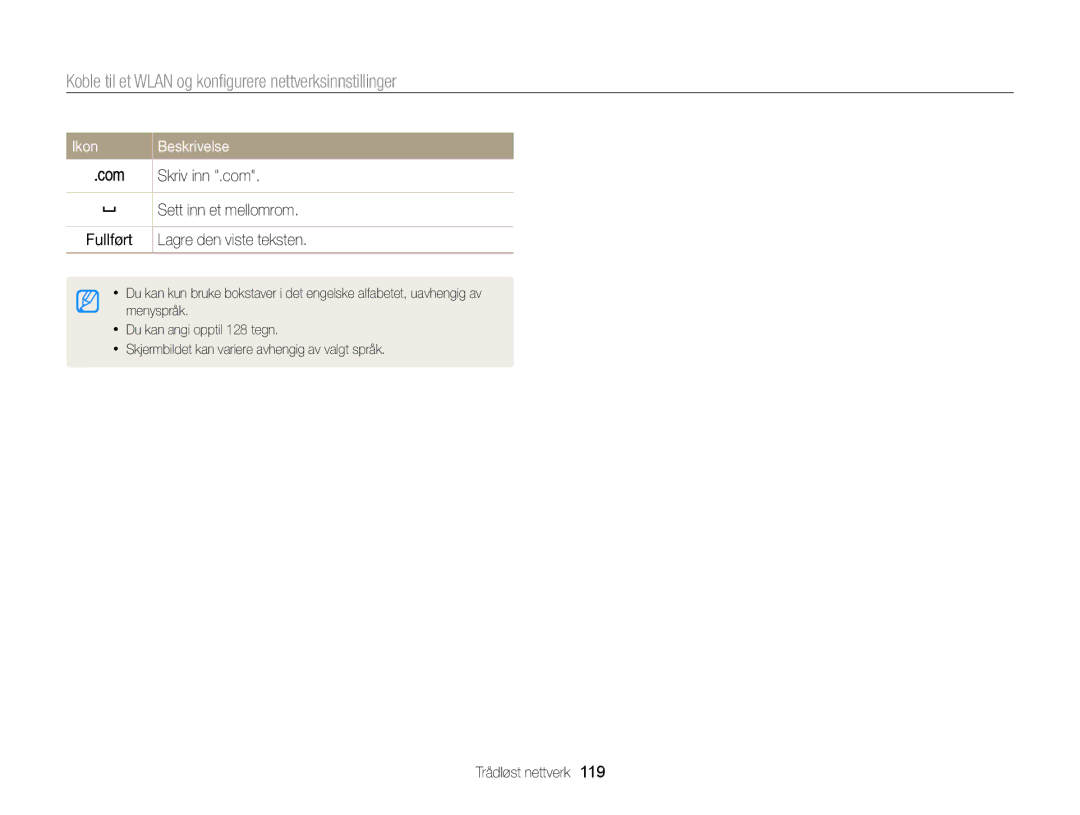 Samsung EC-MV900FBPBE2, EC-MV900FBPWE2 manual Koble til et Wlan og konﬁgurere nettverksinnstillinger 