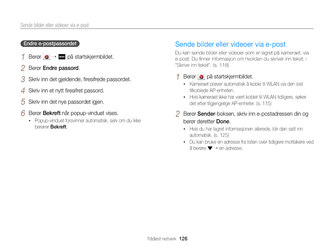 Samsung EC-MV900FBPWE2, EC-MV900FBPBE2 manual Sende bilder eller videoer via e-post, Endre e-postpassordet 