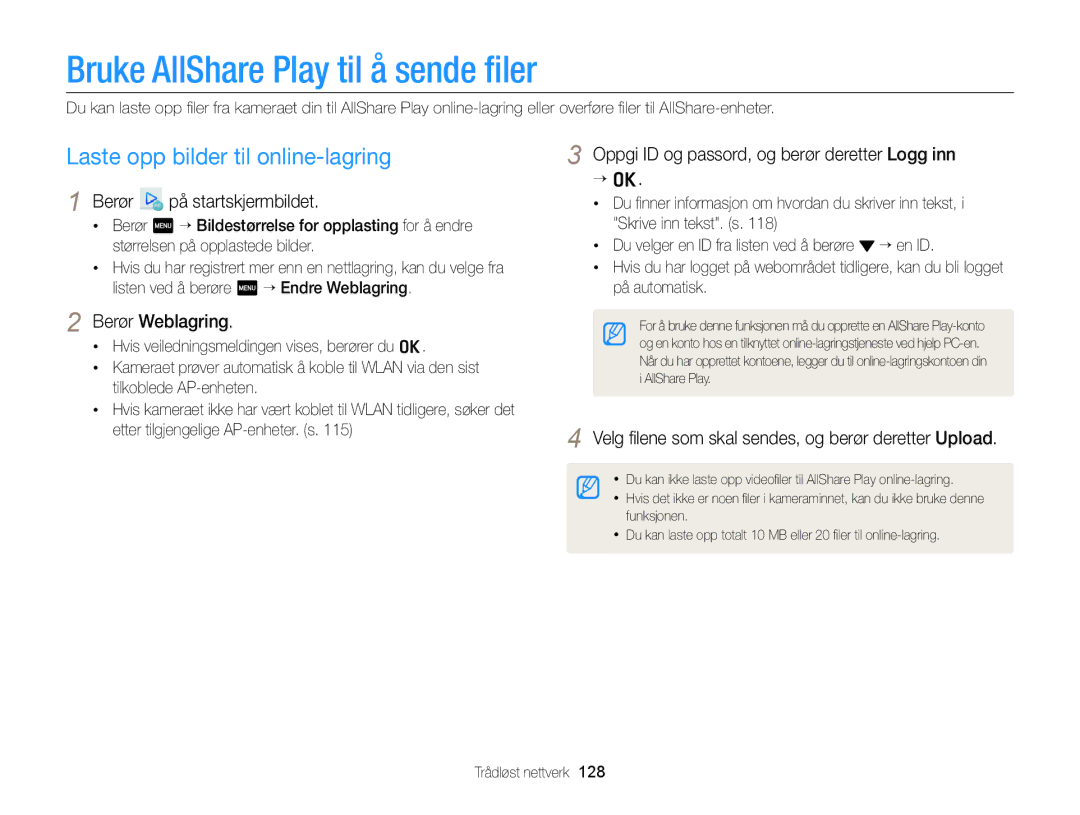 Samsung EC-MV900FBPWE2 manual Bruke AllShare Play til å sende ﬁler, Laste opp bilder til online-lagring, Berør Weblagring 