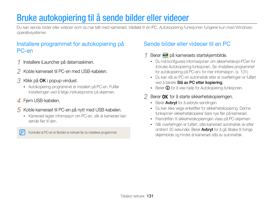 Samsung EC-MV900FBPBE2 manual Bruke autokopiering til å sende bilder eller videoer, Sende bilder eller videoer til en PC 