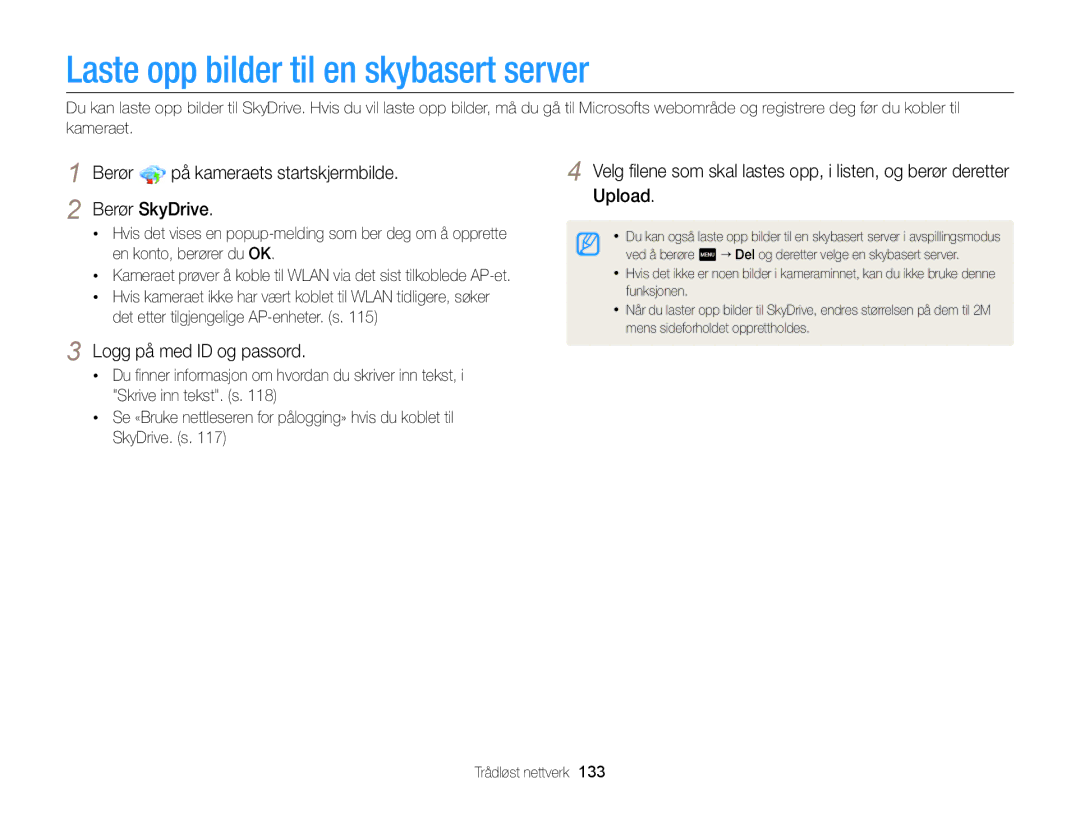 Samsung EC-MV900FBPBE2 manual Laste opp bilder til en skybasert server, Berør på kameraets startskjermbilde Berør SkyDrive 