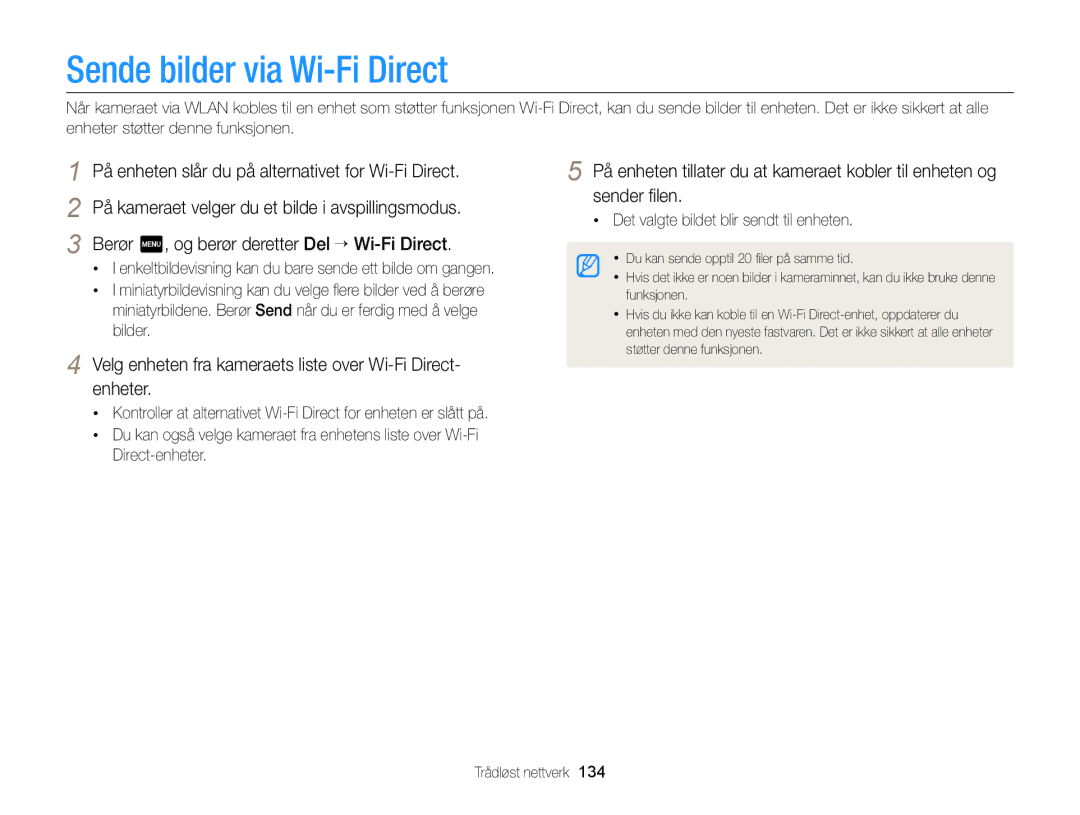 Samsung EC-MV900FBPWE2 manual Sende bilder via Wi-Fi Direct, Velg enheten fra kameraets liste over Wi-Fi Direct- enheter 