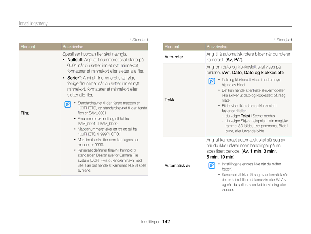 Samsung EC-MV900FBPWE2, EC-MV900FBPBE2 Filnr, Spesiﬁser hvordan ﬁler skal navngis, Auto-roter, Kameraet. Av, På, Trykk 