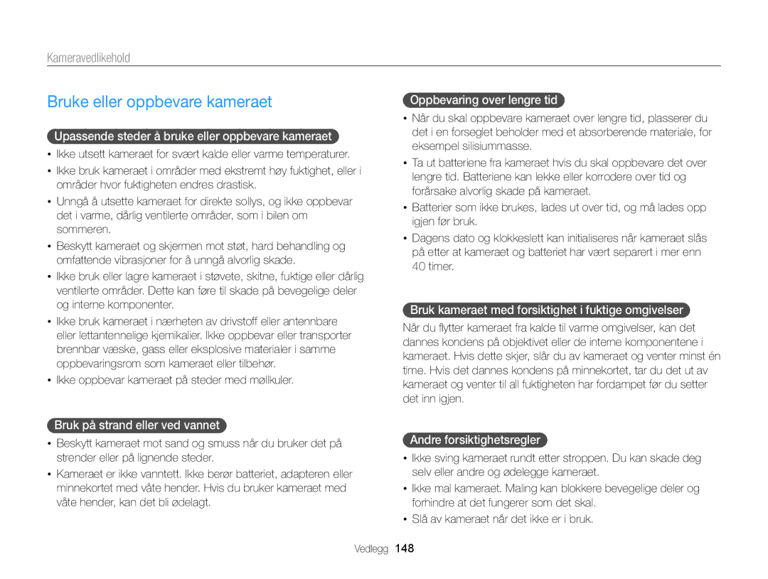 Samsung EC-MV900FBPWE2, EC-MV900FBPBE2 manual Bruke eller oppbevare kameraet, Kameravedlikehold 