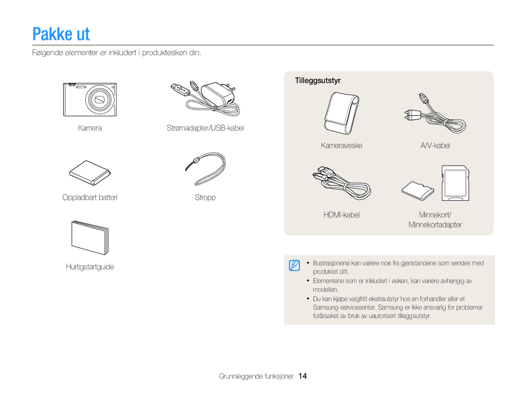 Samsung EC-MV900FBPWE2, EC-MV900FBPBE2 manual Pakke ut, Grunnleggende funksjoner 