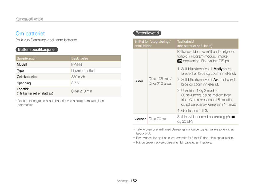 Samsung EC-MV900FBPWE2, EC-MV900FBPBE2 manual Om batteriet, Batterispesiﬁkasjoner, Batterilevetid 