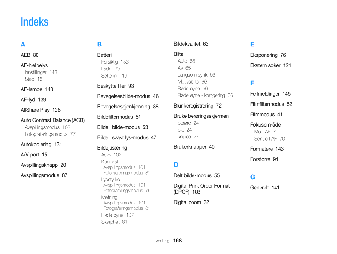 Samsung EC-MV900FBPWE2, EC-MV900FBPBE2 manual Indeks 