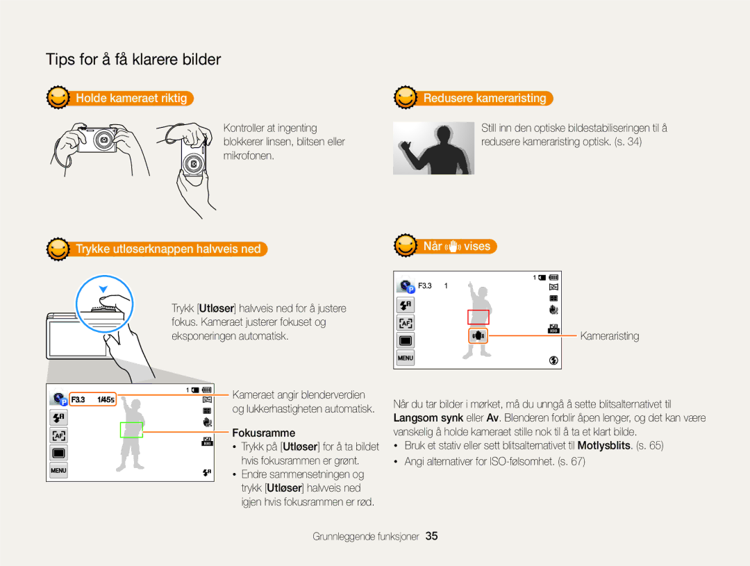 Samsung EC-MV900FBPBE2 manual Holde kameraet riktig Redusere kameraristing, Trykke utløserknappen halvveis ned, Når vises 