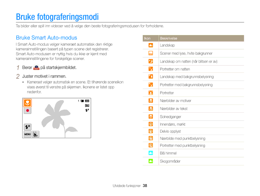 Samsung EC-MV900FBPWE2, EC-MV900FBPBE2 manual Bruke fotograferingsmodi, Bruke Smart Auto-modus 