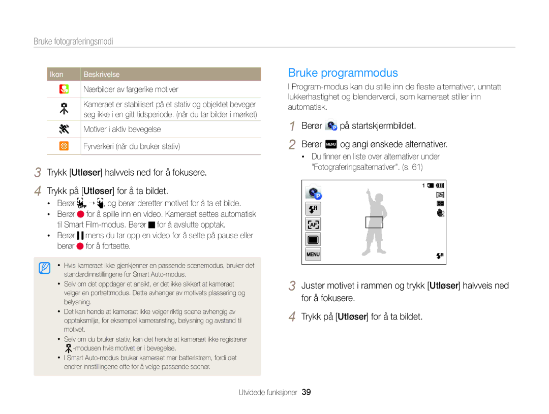 Samsung EC-MV900FBPBE2, EC-MV900FBPWE2 manual Bruke programmodus, Bruke fotograferingsmodi 