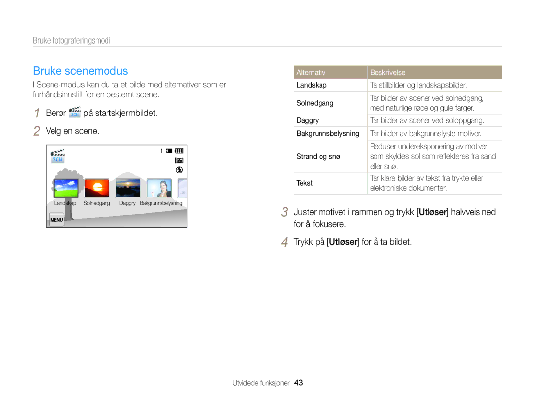 Samsung EC-MV900FBPBE2, EC-MV900FBPWE2 manual Bruke scenemodus, Berør på startskjermbildet Velg en scene 