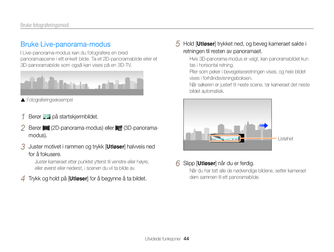 Samsung EC-MV900FBPWE2, EC-MV900FBPBE2 manual Bruke Live-panorama-modus, Trykk og hold på Utløser for å begynne å ta bildet 