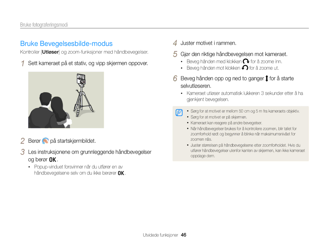 Samsung EC-MV900FBPWE2 Bruke Bevegelsesbilde-modus, Og berør o, Kontroller Utløser og zoom-funksjoner med håndbevegelser 