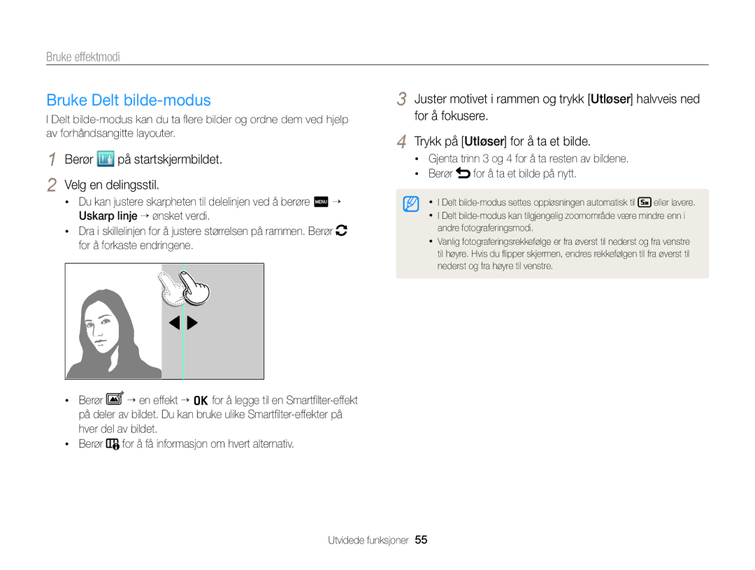 Samsung EC-MV900FBPBE2, EC-MV900FBPWE2 manual Bruke Delt bilde-modus, Berør på startskjermbildet Velg en delingsstil 