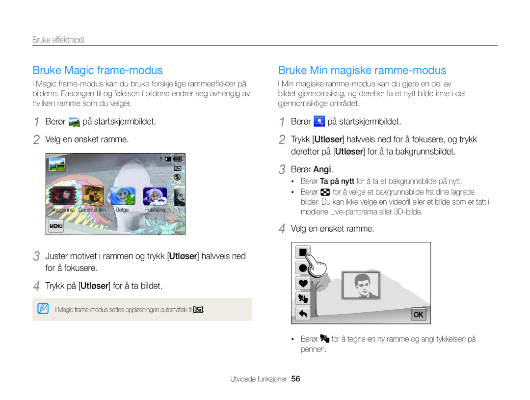 Samsung EC-MV900FBPWE2, EC-MV900FBPBE2 manual Bruke Magic frame-modus, Bruke Min magiske ramme-modus, Berør Angi 