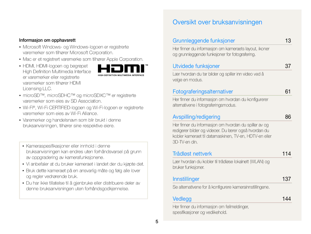 Samsung EC-MV900FBPBE2, EC-MV900FBPWE2 manual Oversikt over bruksanvisningen, 114, 137, 144 