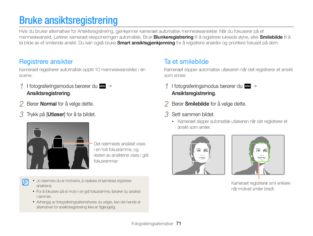 Samsung EC-MV900FBPBE2, EC-MV900FBPWE2 manual Bruke ansiktsregistrering, Registrere ansikter, Ta et smilebilde 