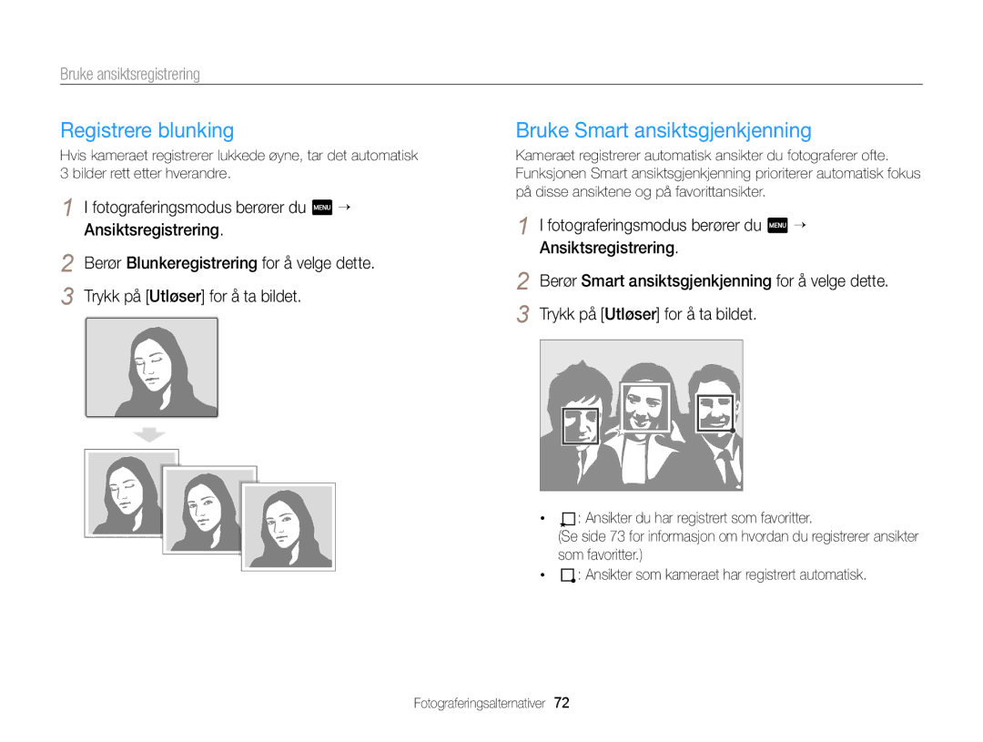 Samsung EC-MV900FBPWE2, EC-MV900FBPBE2 Registrere blunking, Bruke Smart ansiktsgjenkjenning, Bruke ansiktsregistrering 