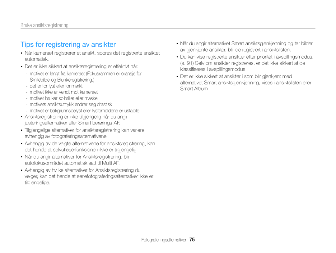 Samsung EC-MV900FBPBE2, EC-MV900FBPWE2 manual Tips for registrering av ansikter 