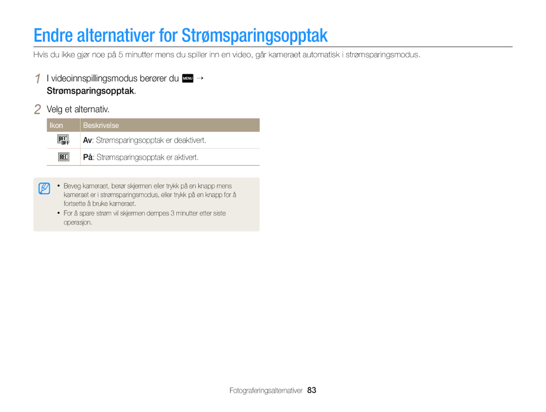 Samsung EC-MV900FBPBE2, EC-MV900FBPWE2 manual Endre alternativer for Strømsparingsopptak 