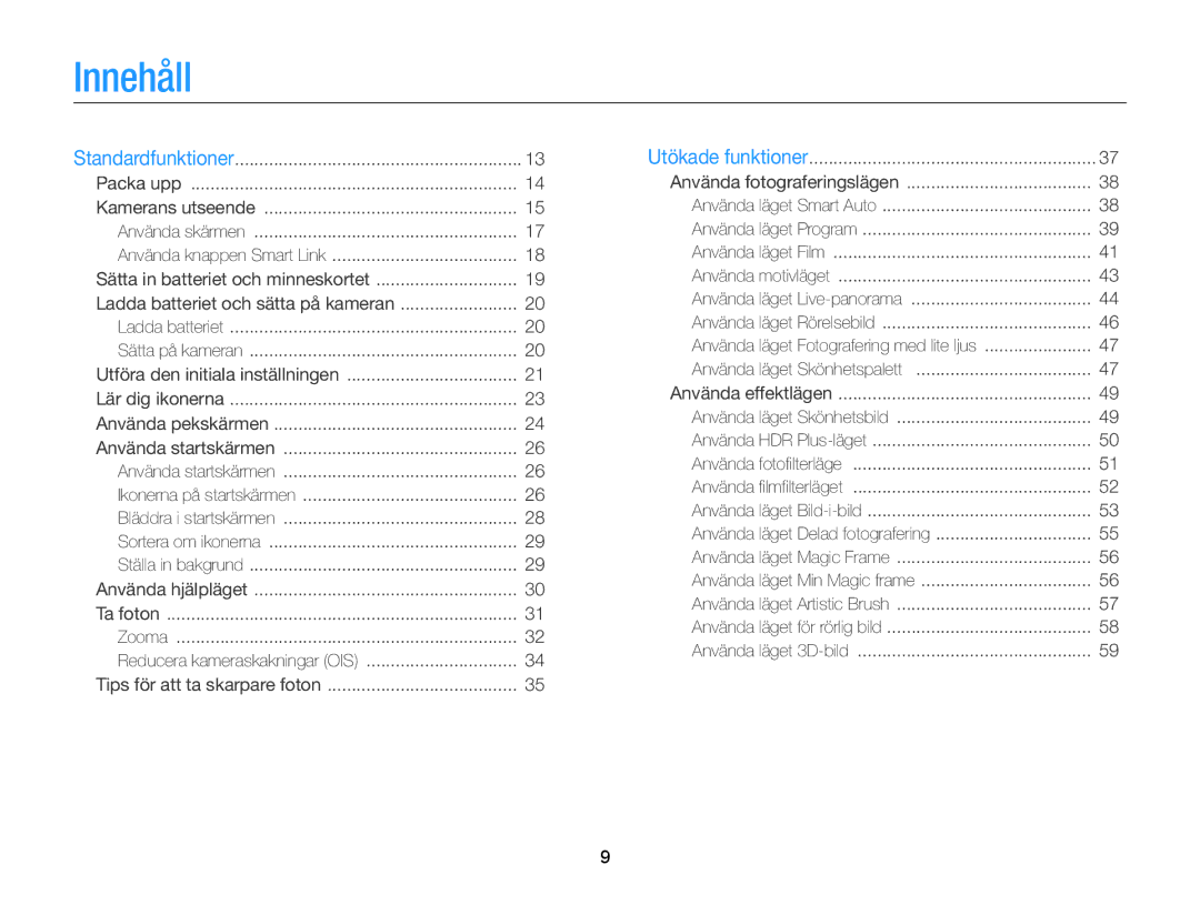 Samsung EC-MV900FBPBE2, EC-MV900FBPWE2 manual Innehåll 