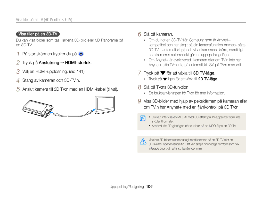 Samsung EC-MV900FBPWE2 manual Slå på TVns 3D-funktion, Tryck på Igen för att växla till 2D TV-läge, Visa ﬁler på en 3D-TV 