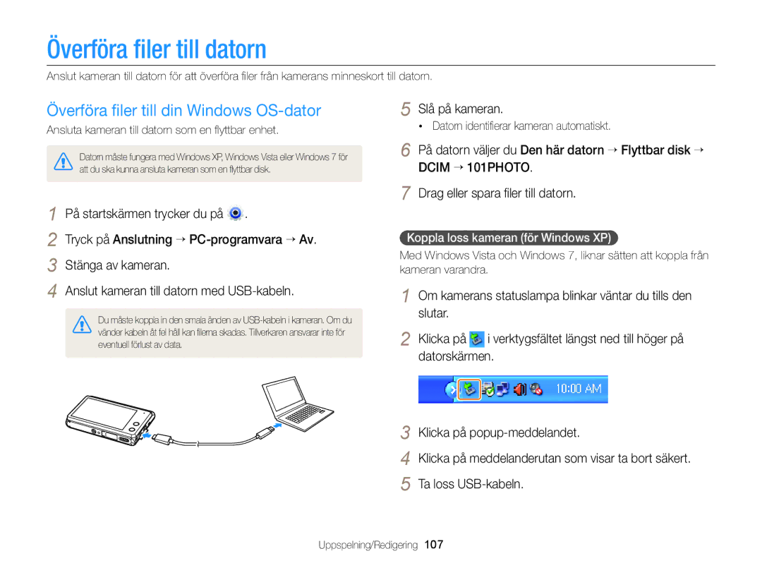 Samsung EC-MV900FBPBE2, EC-MV900FBPWE2 manual Överföra ﬁler till datorn, Överföra ﬁler till din Windows OS-dator 