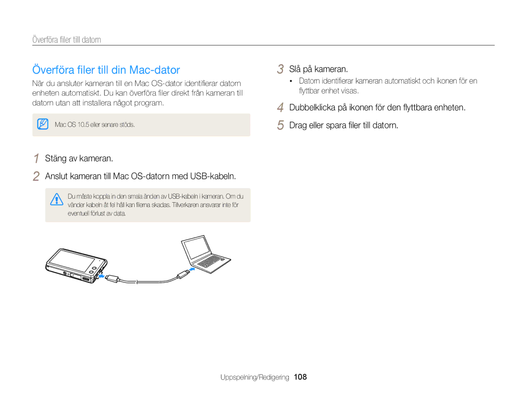 Samsung EC-MV900FBPWE2, EC-MV900FBPBE2 manual Överföra ﬁler till din Mac-dator, Överföra ﬁler till datorn 