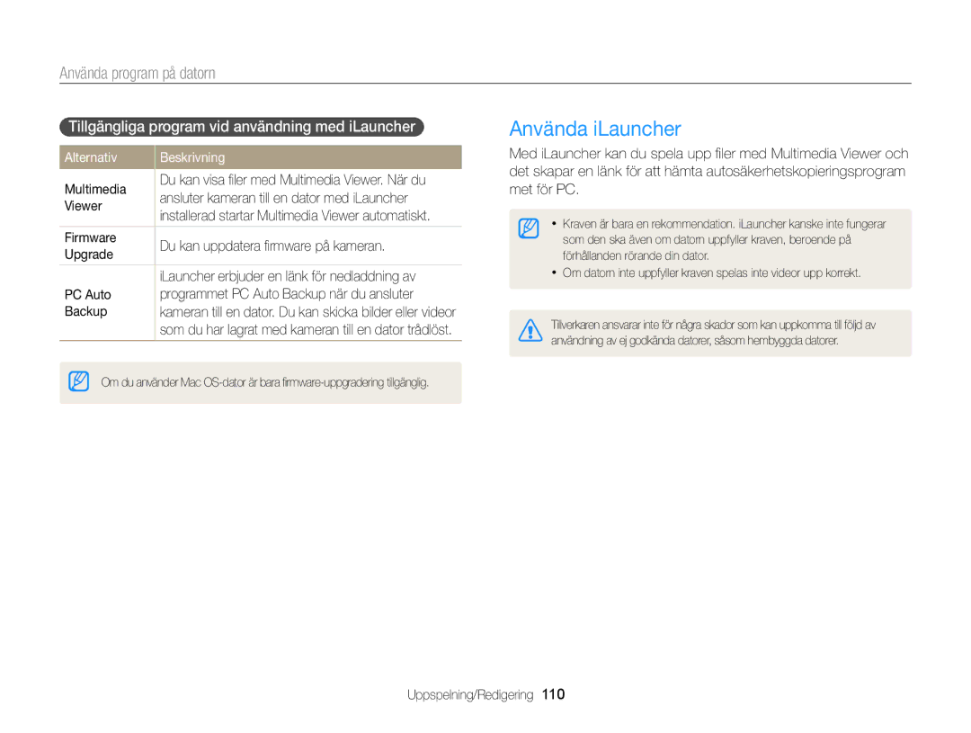 Samsung EC-MV900FBPWE2 Använda iLauncher, Använda program på datorn, Tillgängliga program vid användning med iLauncher 