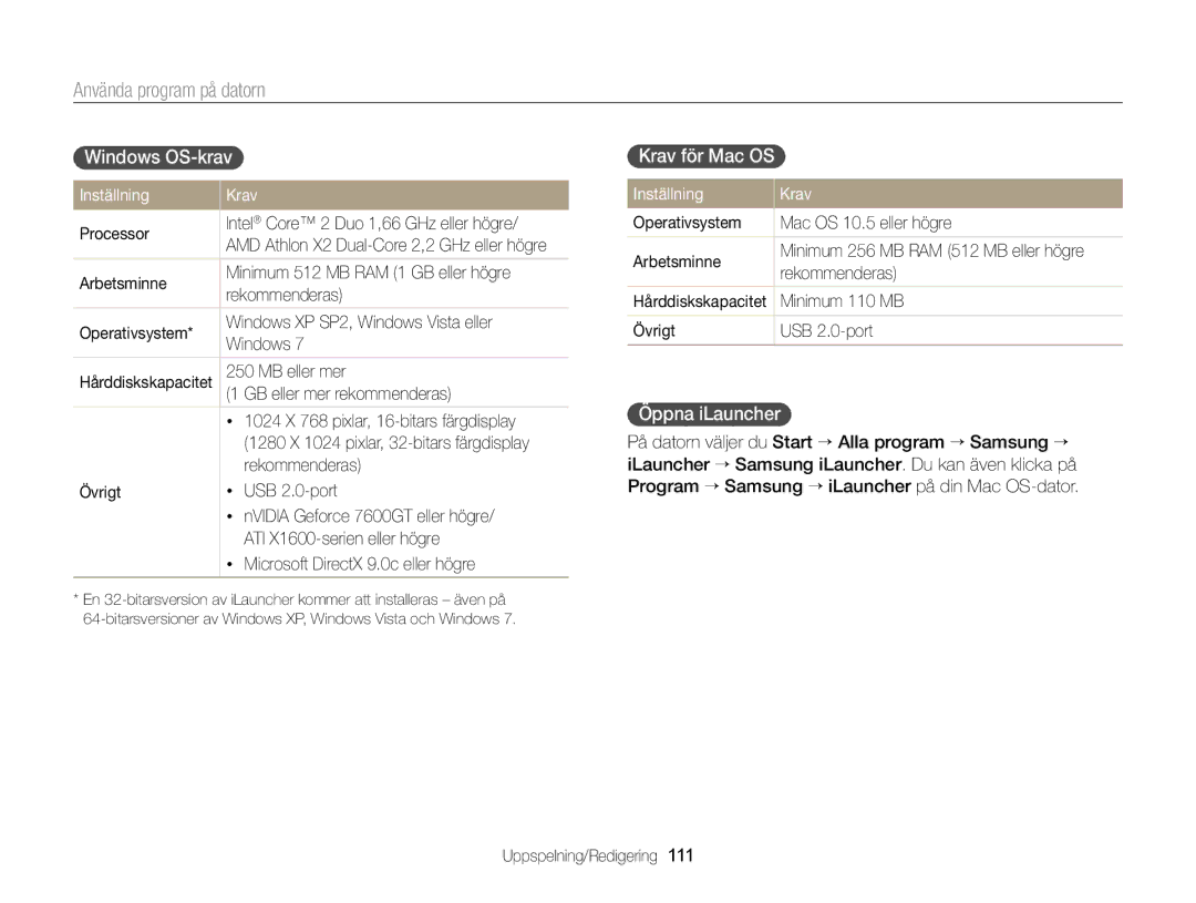 Samsung EC-MV900FBPBE2, EC-MV900FBPWE2 manual Windows OS-krav, Krav för Mac OS, Öppna iLauncher, Inställning Krav 