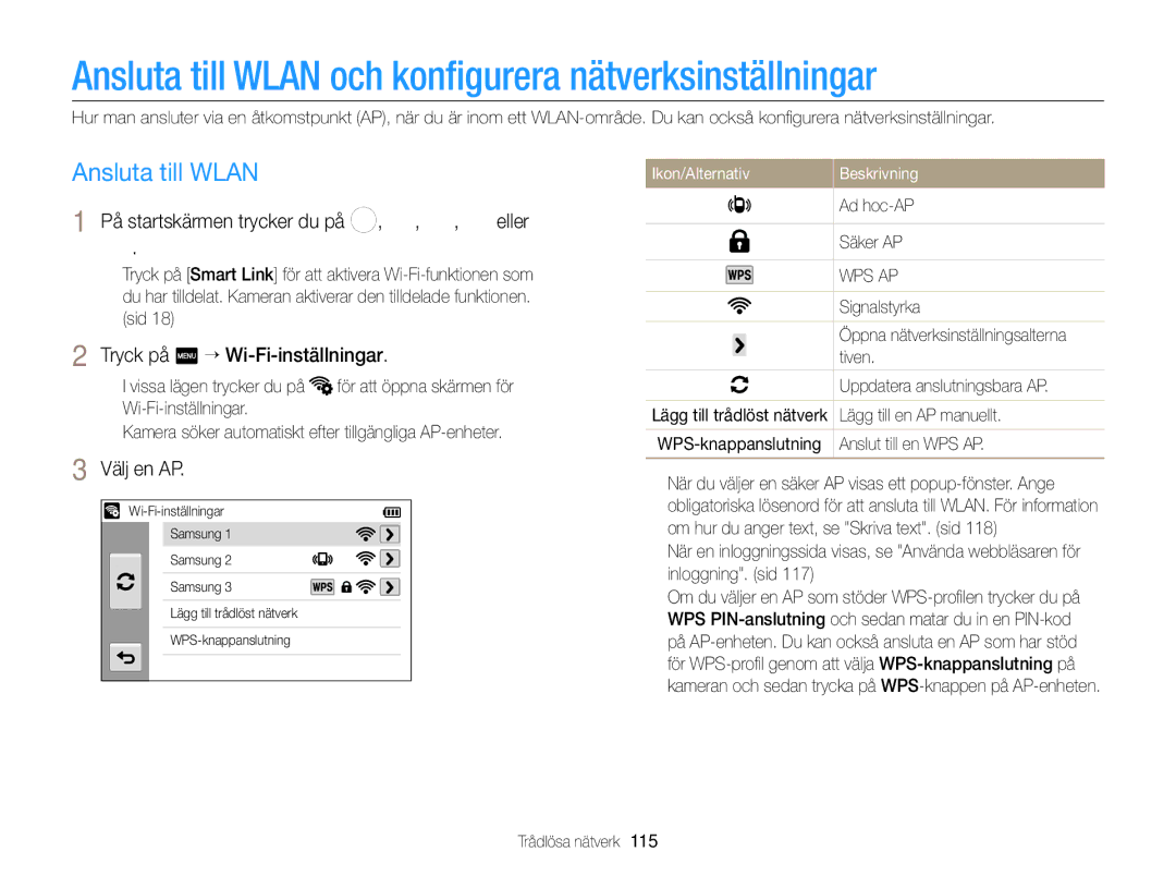 Samsung EC-MV900FBPBE2 Ansluta till Wlan och konﬁgurera nätverksinställningar, På startskärmen trycker du på , , , eller 