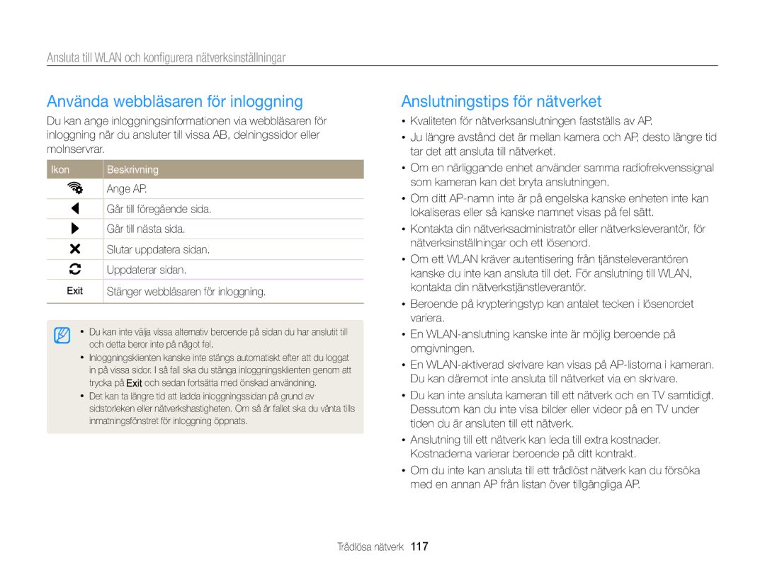 Samsung EC-MV900FBPBE2, EC-MV900FBPWE2 manual Använda webbläsaren för inloggning, Anslutningstips för nätverket 