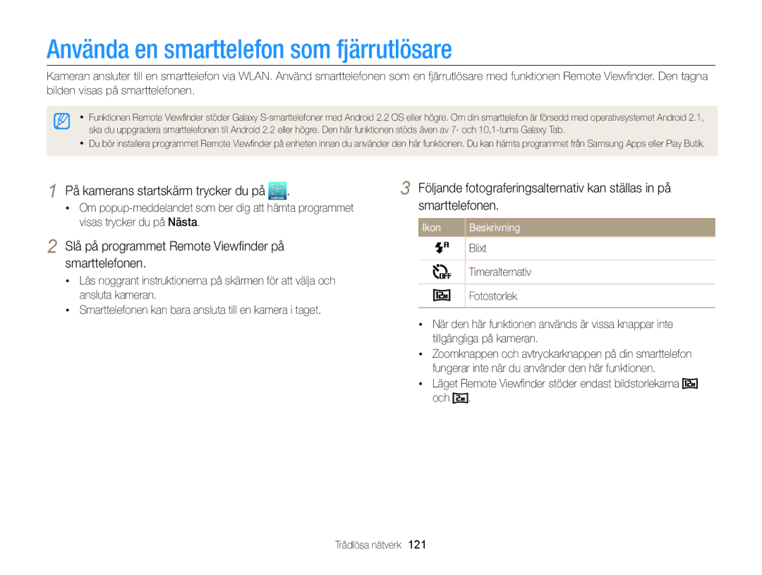 Samsung EC-MV900FBPBE2 Använda en smarttelefon som fjärrutlösare, Slå på programmet Remote Viewﬁnder på smarttelefonen 