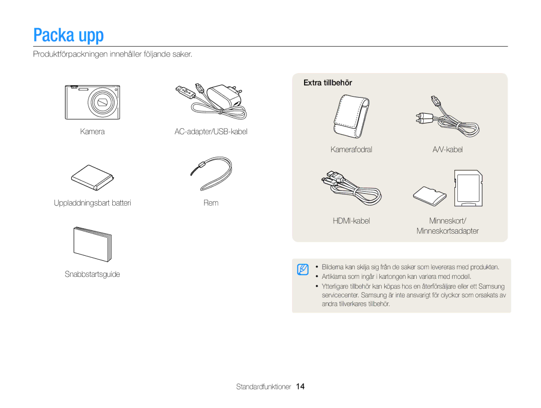 Samsung EC-MV900FBPWE2, EC-MV900FBPBE2 manual Packa upp, Standardfunktioner 