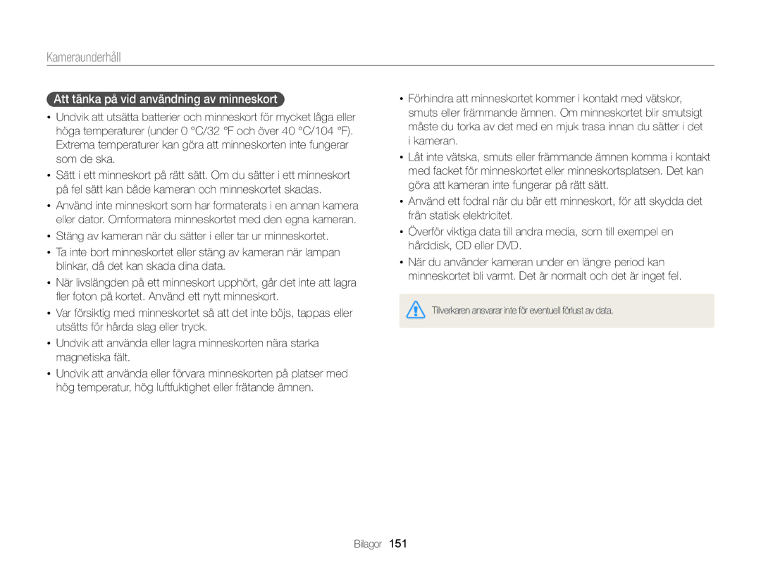 Samsung EC-MV900FBPBE2, EC-MV900FBPWE2 manual Att tänka på vid användning av minneskort 