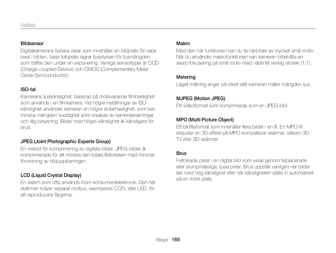 Samsung EC-MV900FBPBE2, EC-MV900FBPWE2 manual Ordlista 