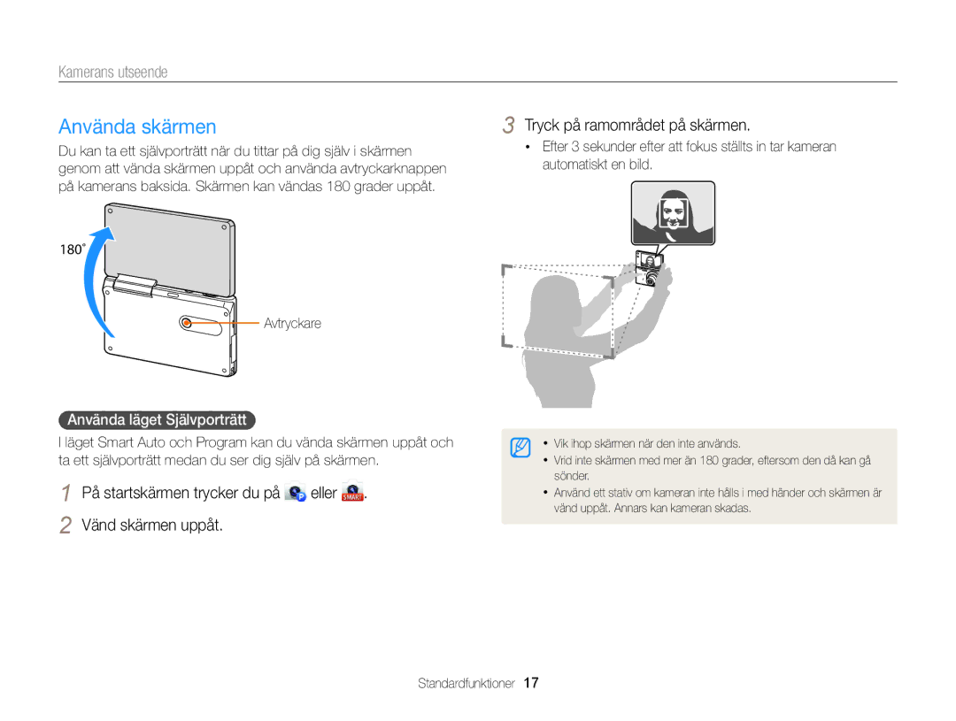 Samsung EC-MV900FBPBE2 manual Använda skärmen, Tryck på ramområdet på skärmen, Använda läget Självporträtt, 180˚ Avtryckare 