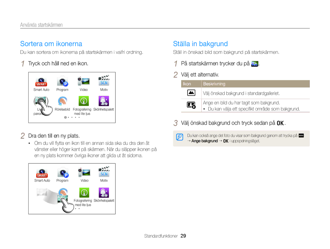 Samsung EC-MV900FBPBE2, EC-MV900FBPWE2 manual Sortera om ikonerna, Ställa in bakgrund 