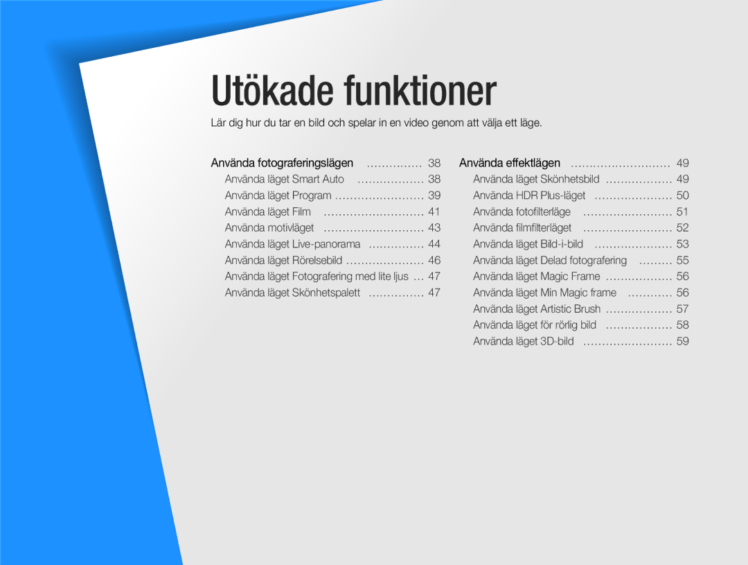 Samsung EC-MV900FBPBE2, EC-MV900FBPWE2 manual Utökade funktioner, Använda effektlägen ……………………… 