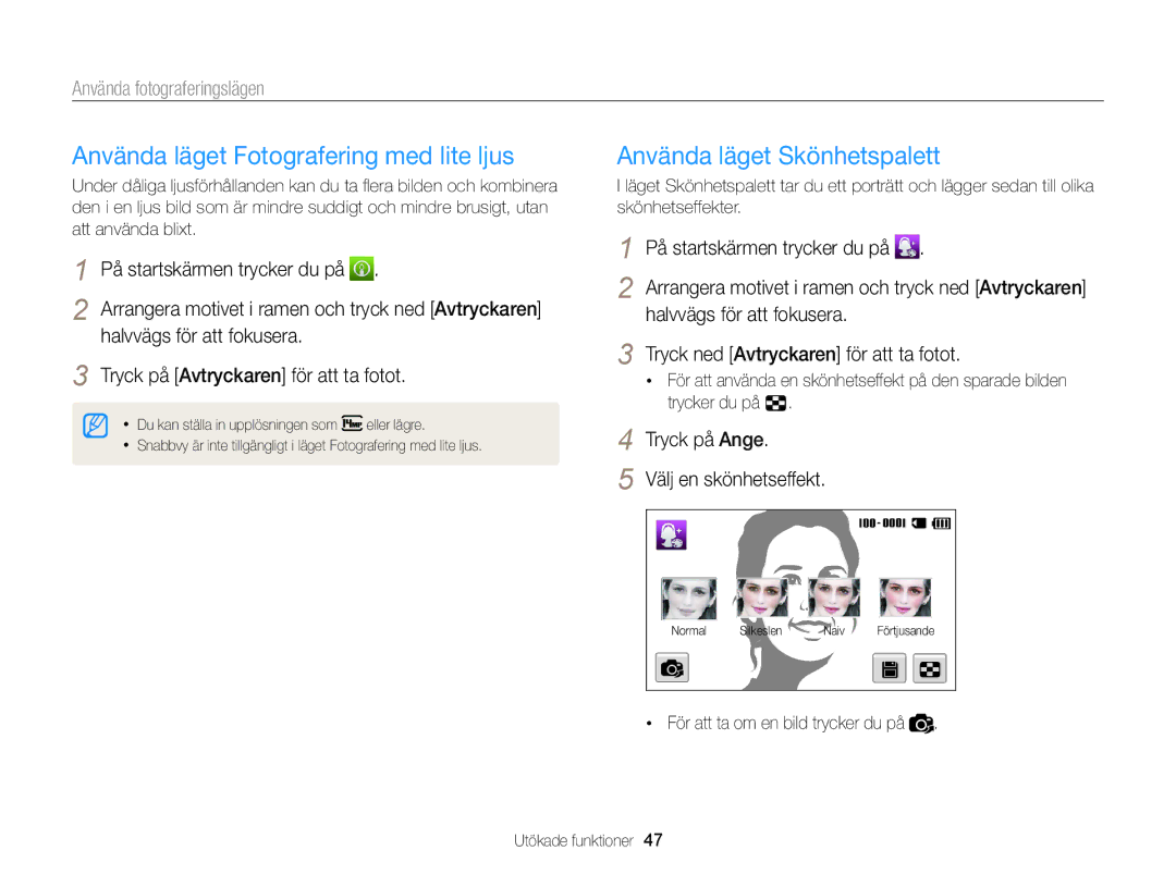 Samsung EC-MV900FBPBE2 Använda läget Fotografering med lite ljus, Använda läget Skönhetspalett, Halvvägs för att fokusera 