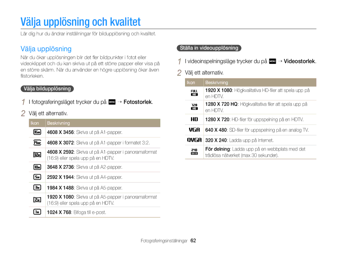 Samsung EC-MV900FBPWE2, EC-MV900FBPBE2 manual Välja upplösning och kvalitet, Välja bildupplösning, Ställa in videoupplösning 